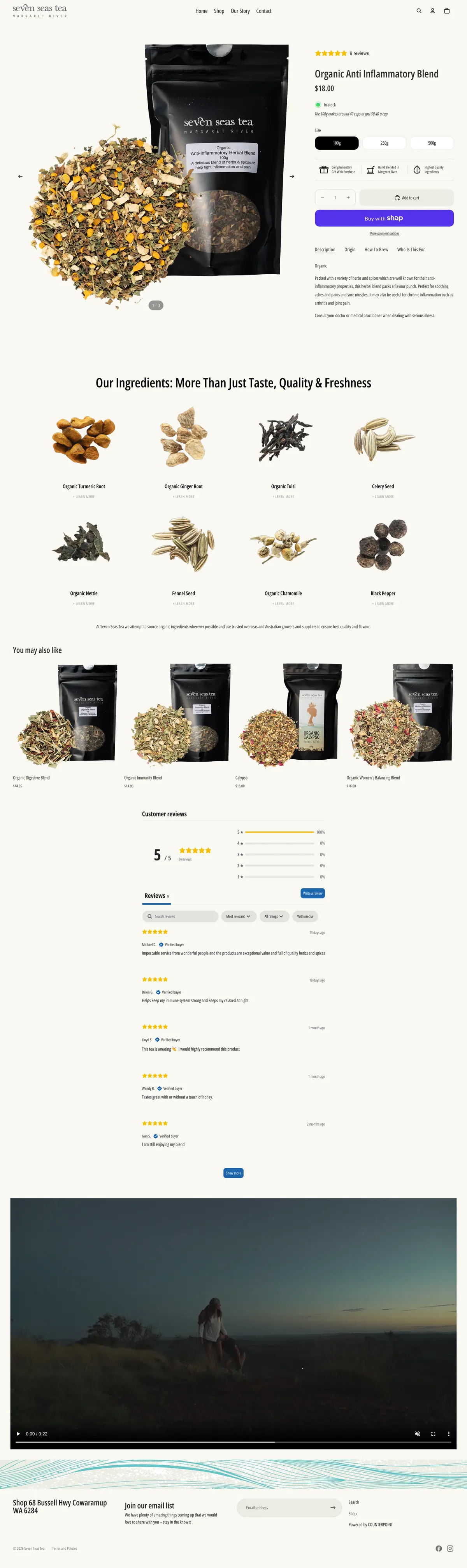 Live Seven Seas Tea product page for the organic anti inflammatory blend, showing the pack shot, reviews, price, size options and the ingredient breakdown