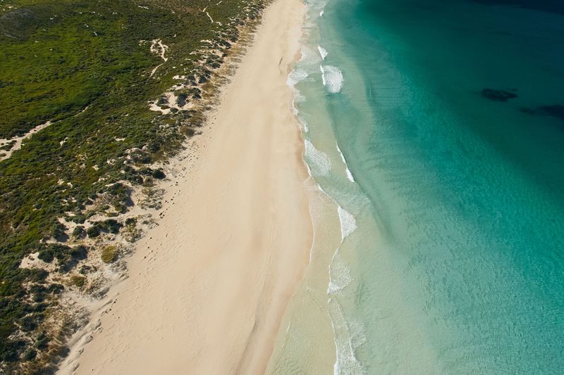 Aerial view of white sand and turquoise water, Gas Bay, Margaret River