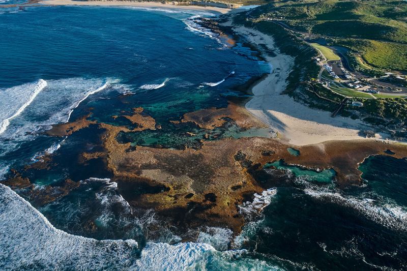 Aerial view of reef and sand flats, Low tide, Margaret River
