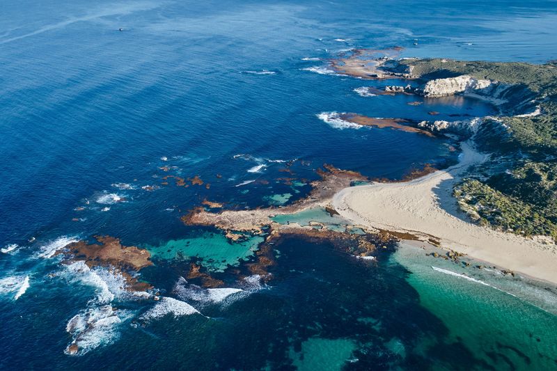 Aerial view of reef and a sandy point, Low tide, Margaret River