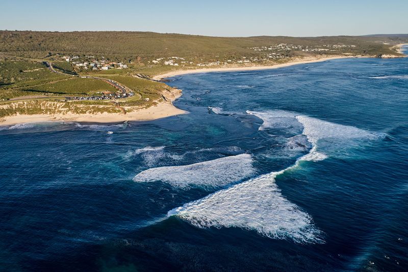 Drone view of a reef break and coastline, Main Break, Margaret River