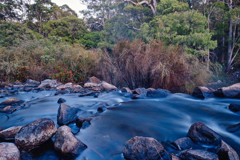 River water flowing over rocks through bushland, Margaret River weir